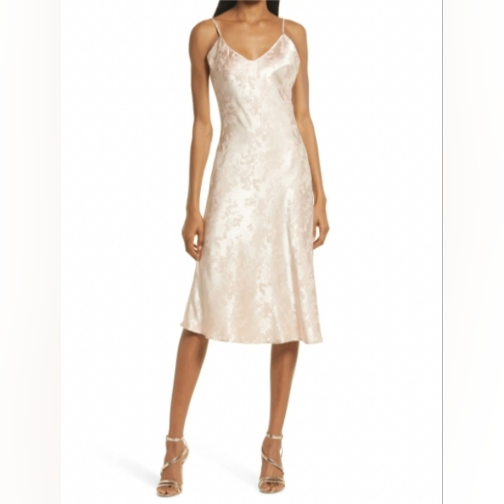 Lulus Women's Calla Love Champagne Floral Jacquard Satin Slip Midi Dress Size XL